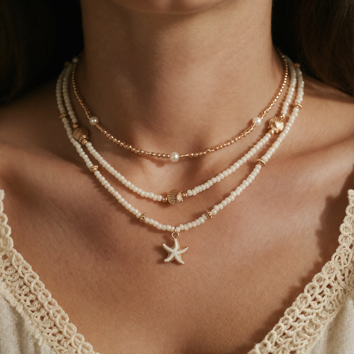 Pearl Beaded Necklace Fiadh with Starfish and Shell