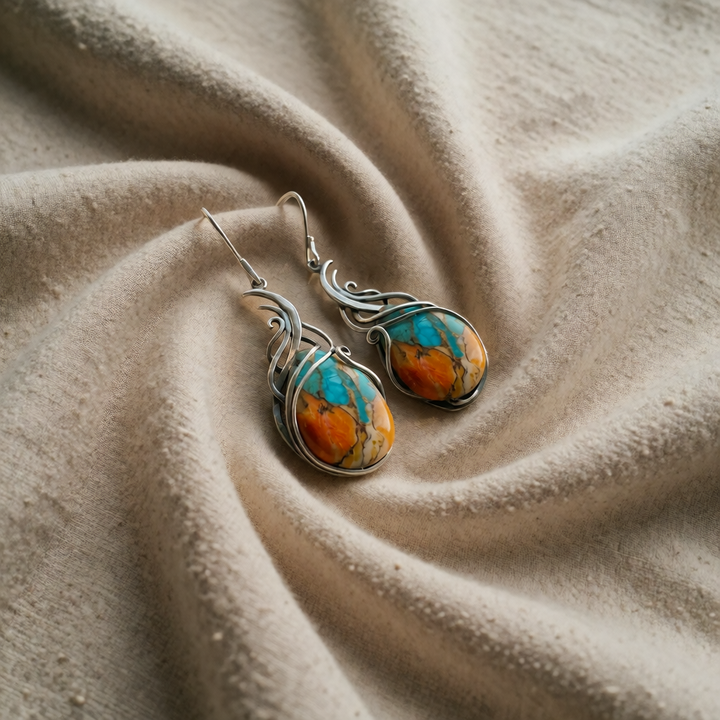 Silver Drop Earrings with Turquoise and Spiny Oyster