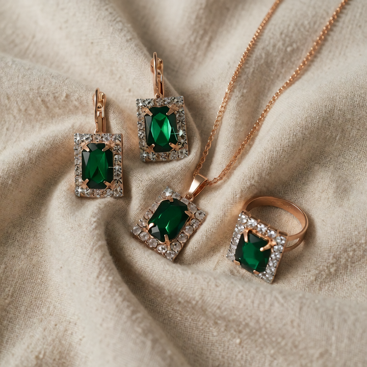 Rose Gold Necklace and Earrings Set with Emerald and Zirconia