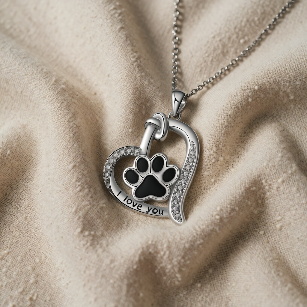 Silver Necklace Aislinn with Paw Print Heart