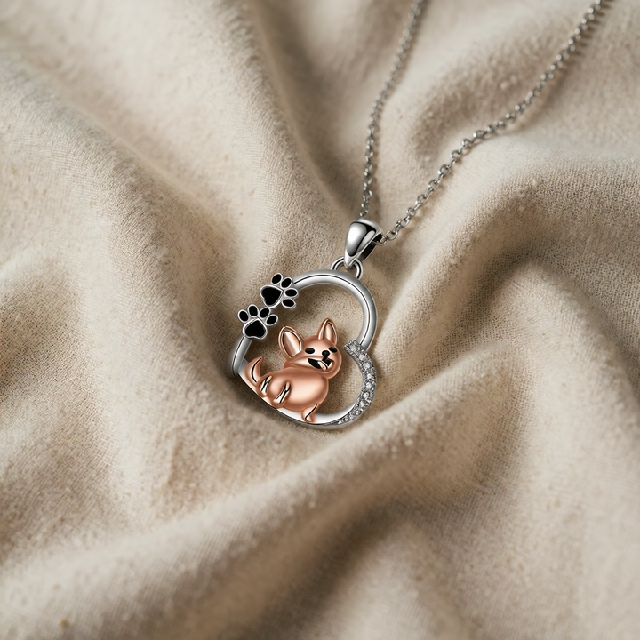 Silver Necklace with Rose Gold Dog and Paw Prints