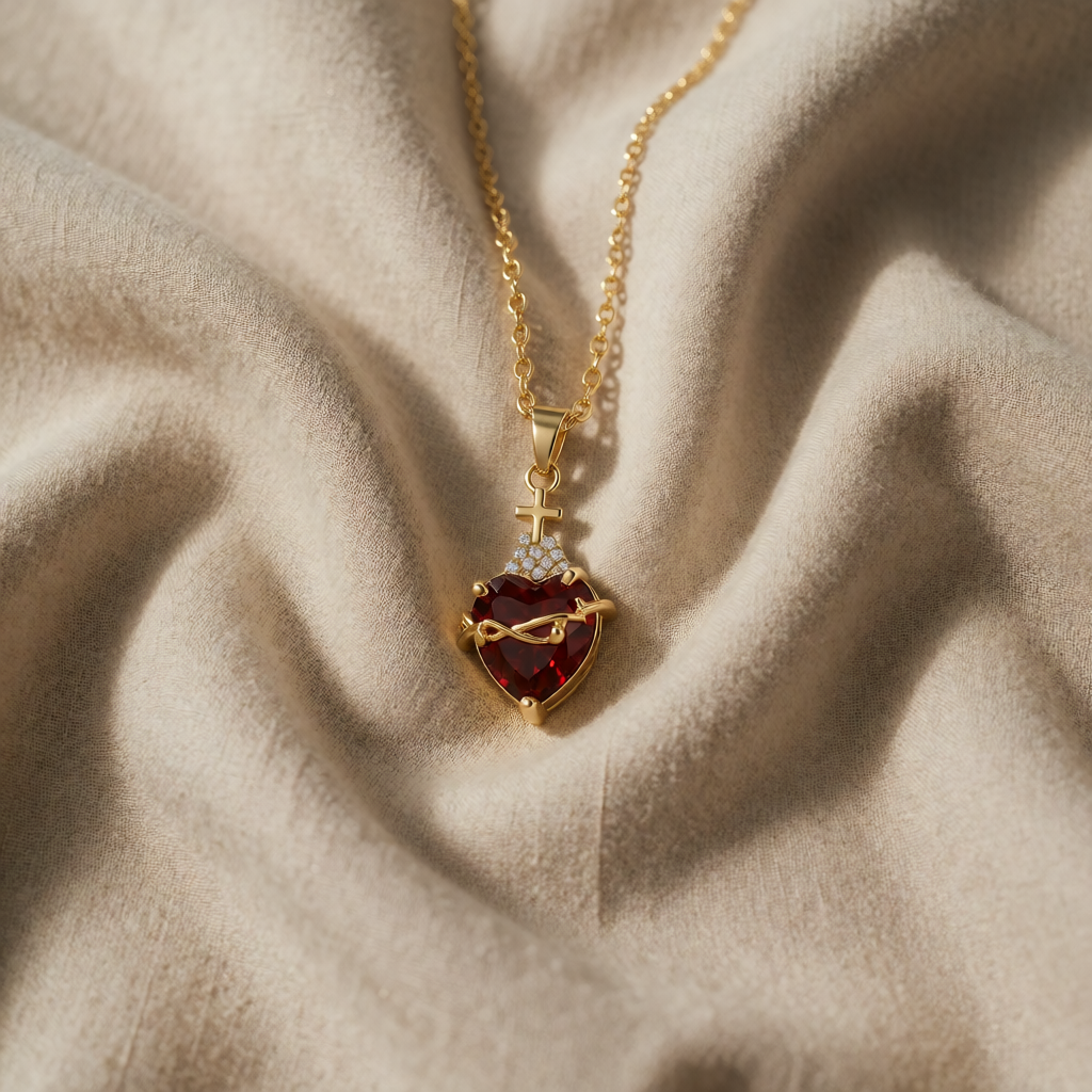 Gold-Plated Necklace with Sacred Heart and Red Garnet