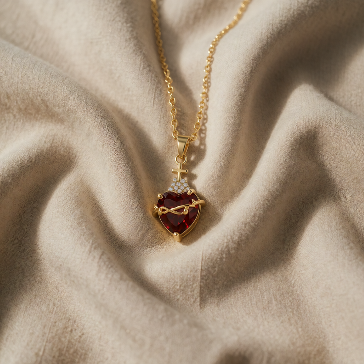 Gold-Plated Necklace with Sacred Heart and Red Garnet