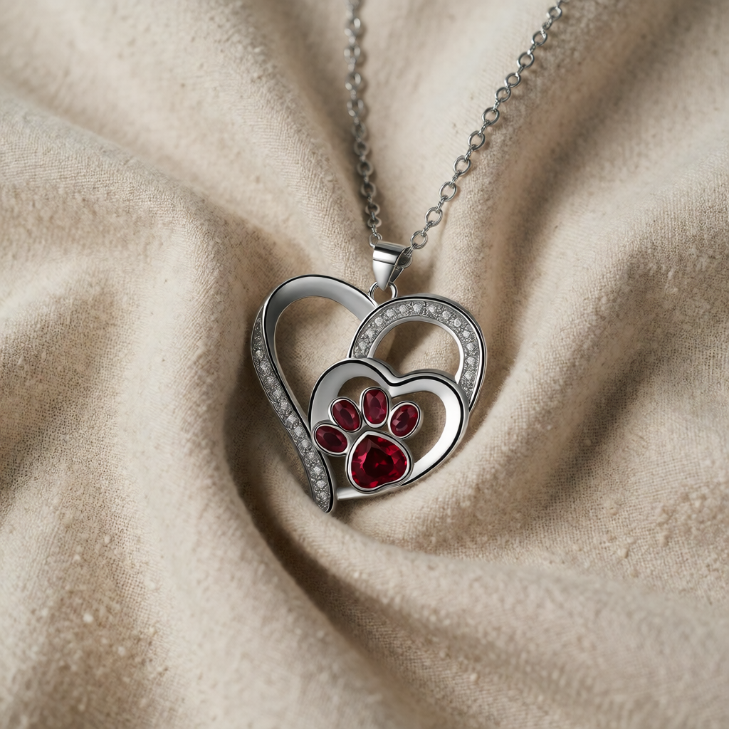 Silver Necklace Fionnuala with Ruby Paw Print Heart
