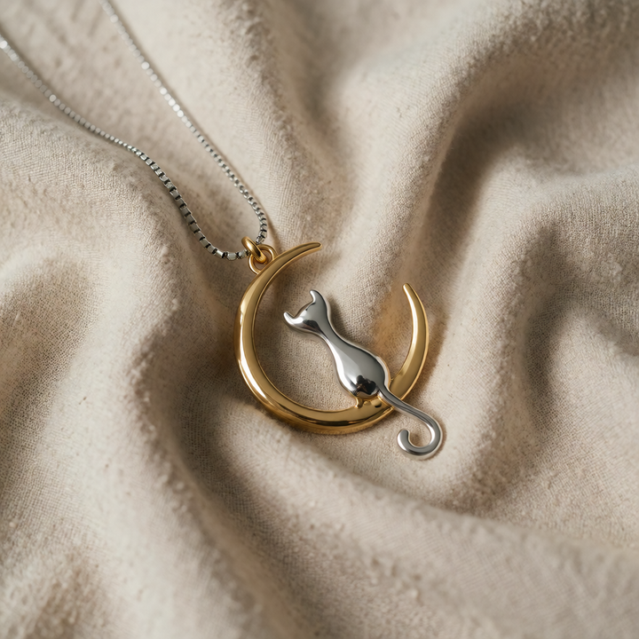 Gold & Silver Necklace Eabha with Cat and Crescent Moon