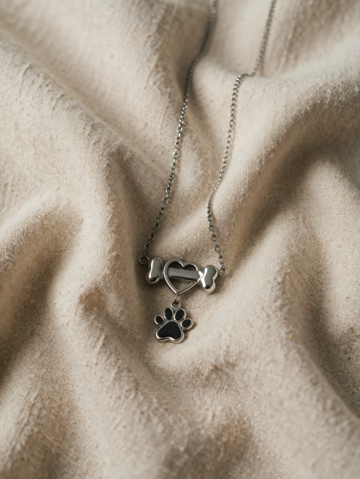 Stainless Steel Necklace with Heart, Bone and Paw Print