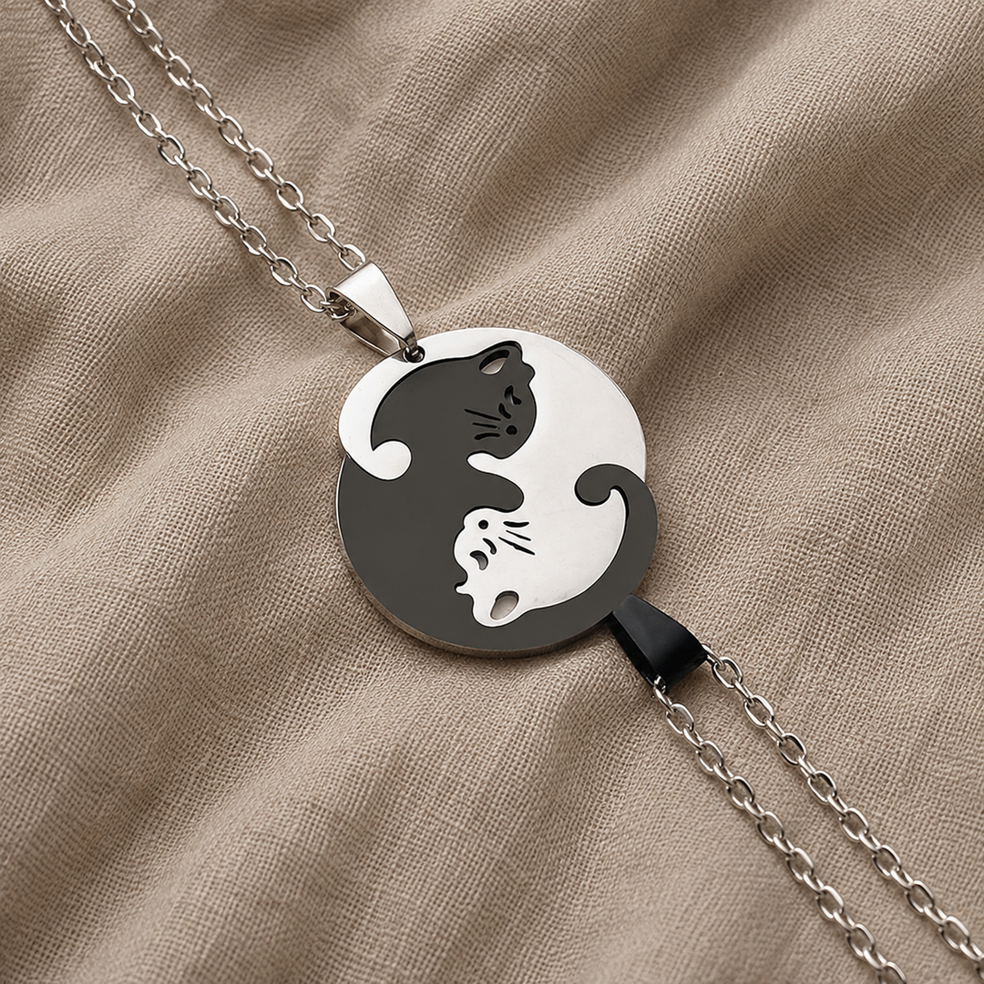 Stainless Steel Necklace Dingle with Yin Yang Cats