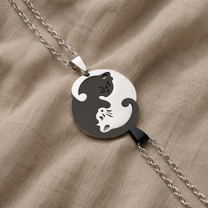 Stainless Steel Necklace Dingle with Yin Yang Cats