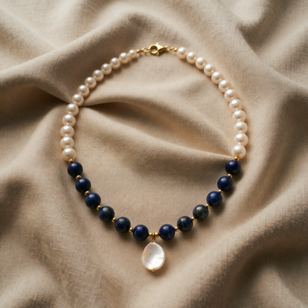 Pearl Beaded Necklace Béibhinn with Lapis Lazuli
