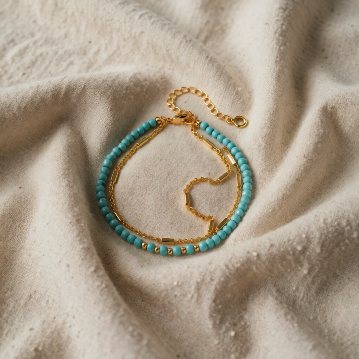 Gold and Turquoise Beaded Bracelet with Double Strand
