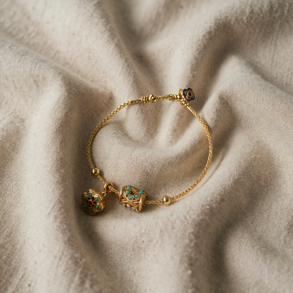 Gold Bangle Treasa with Turquoise Flower Charms
