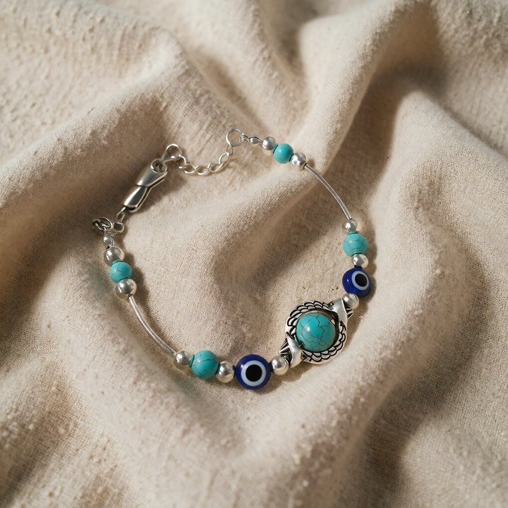 Antique Silver Beaded Bracelet with Turquoise & Evil Eye