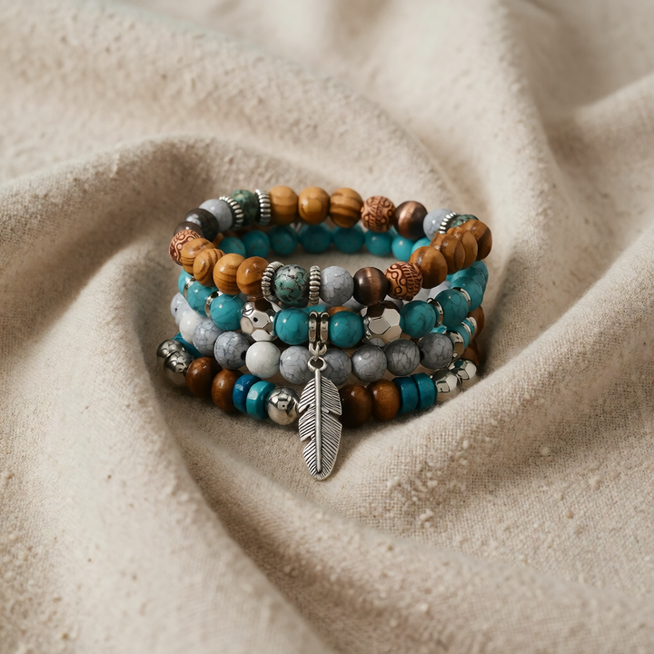 Silver Turquoise Beaded Bracelet Set with Feather Charm