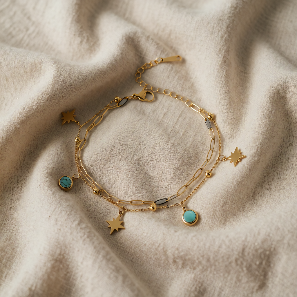 Gold Charm Bracelet Caoimhe with Stars and Turquoise