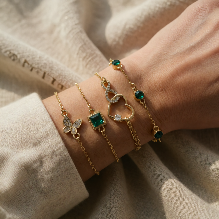 Gold Bracelet Set with Butterfly, Heart and Emerald