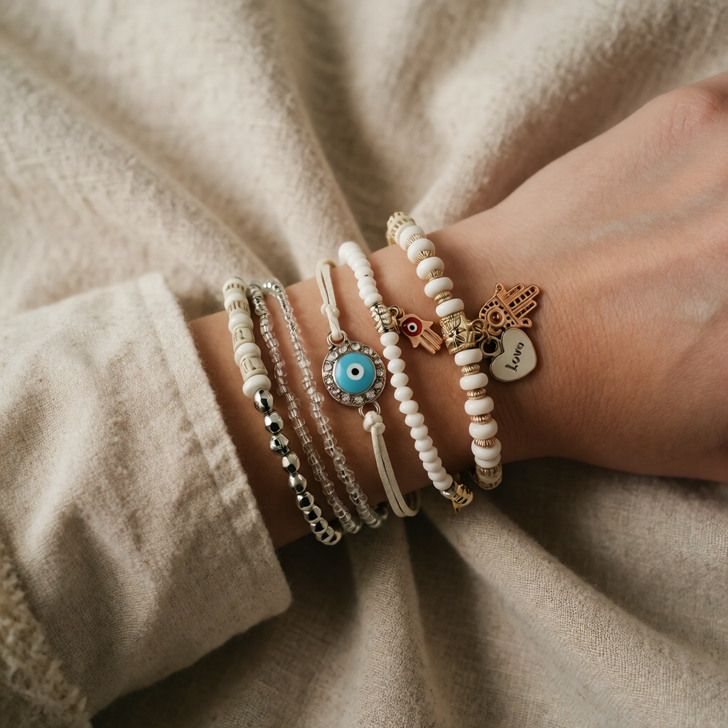 White Beaded Bracelet Set with Hamsa Hand and Evil Eye