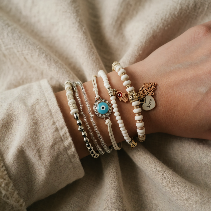White Beaded Bracelet Set with Hamsa Hand and Evil Eye