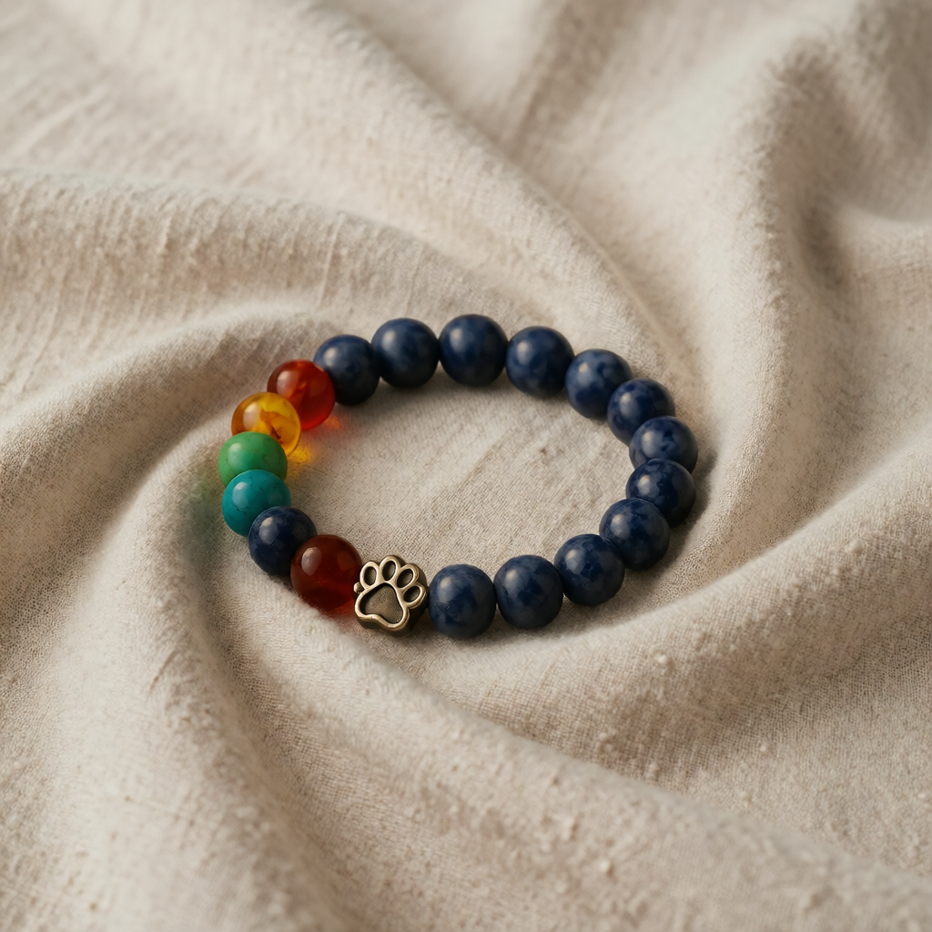 Blue Beaded Bracelet with Paw Print & Chakra Stones