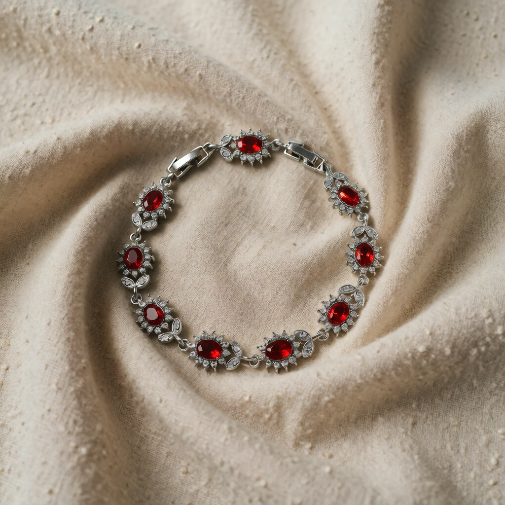 Silver Link Bracelet Gráinne with Ruby Flowers