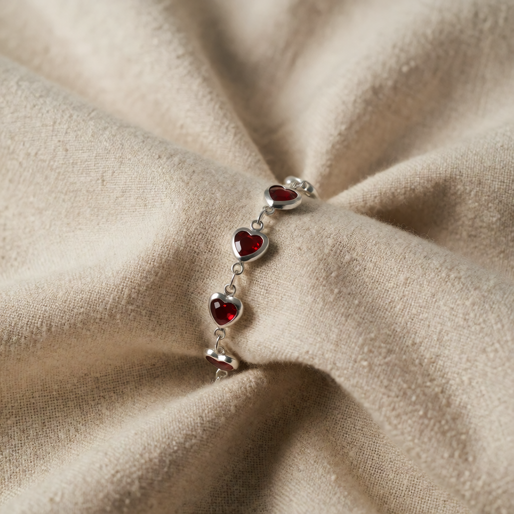 Silver Chain Bracelet Neasa with Ruby Hearts
