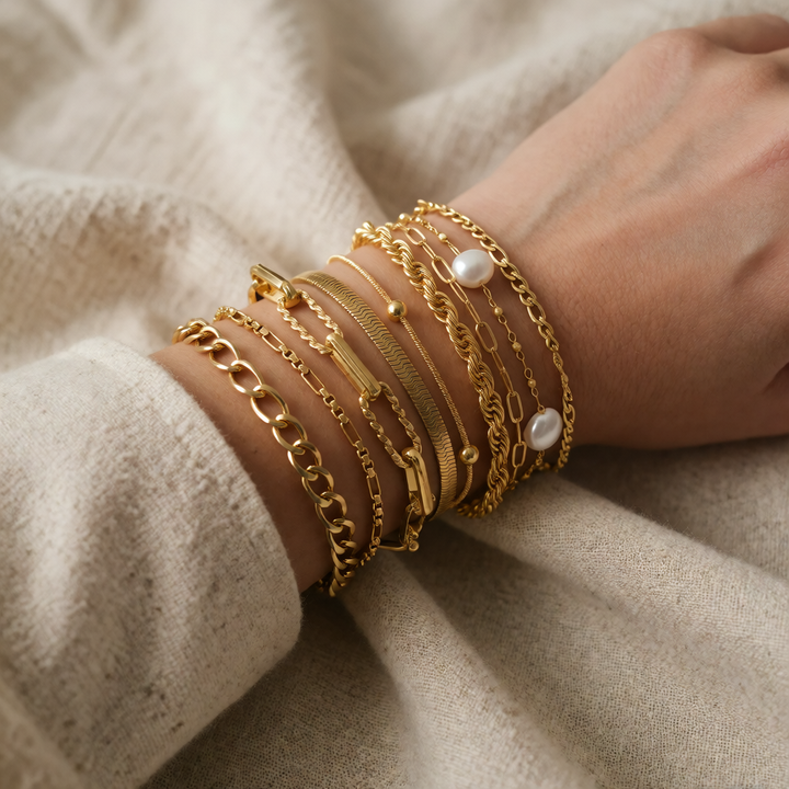 Gold Chain Bracelet Set Síle with Pearls