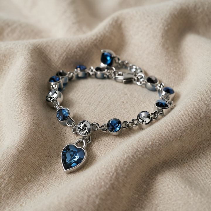 Silver Charm Bracelet Caoimhe with Blue Crystal Heart
