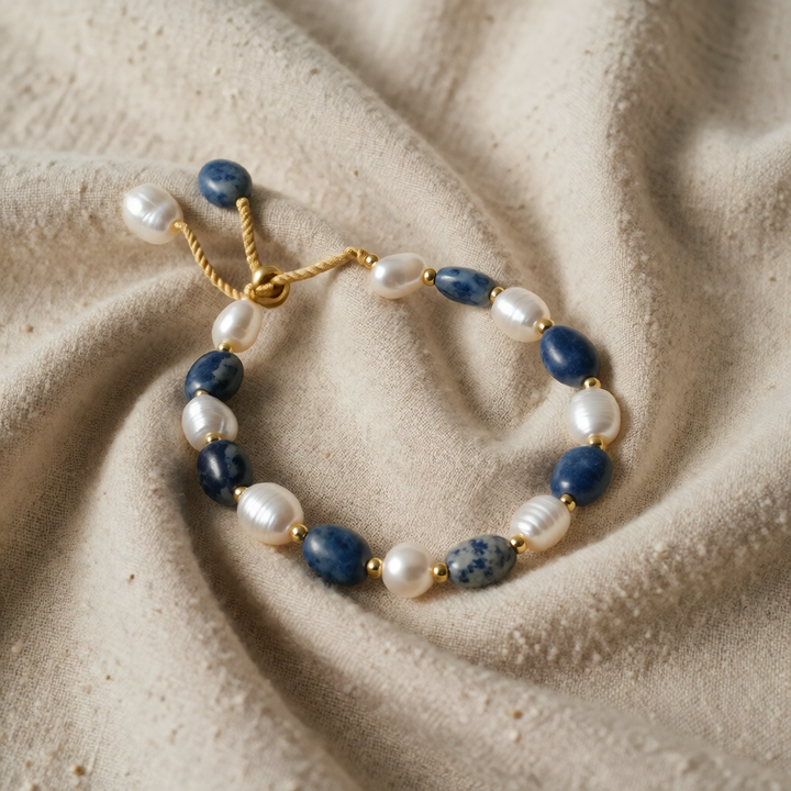 Gold Pearl Beaded Bracelet Aoibh with Blue Stones
