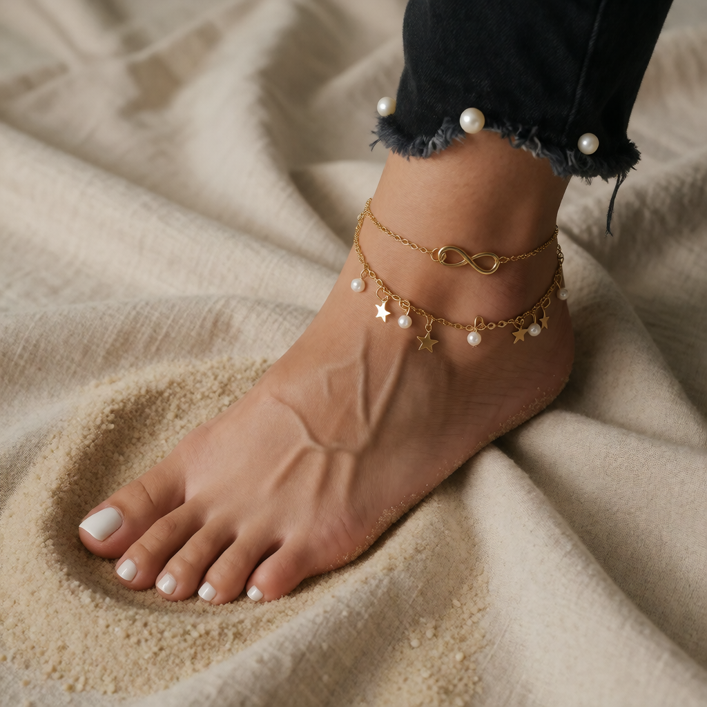 Gold Anklet Aoibhinn with Infinity, Pearls and Stars