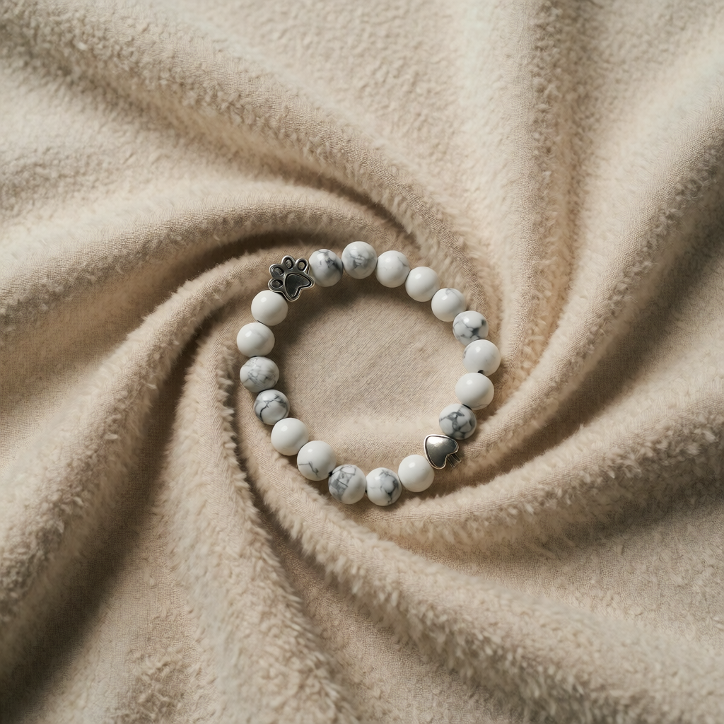 White Howlite Beaded Bracelet with Paw Print and Heart