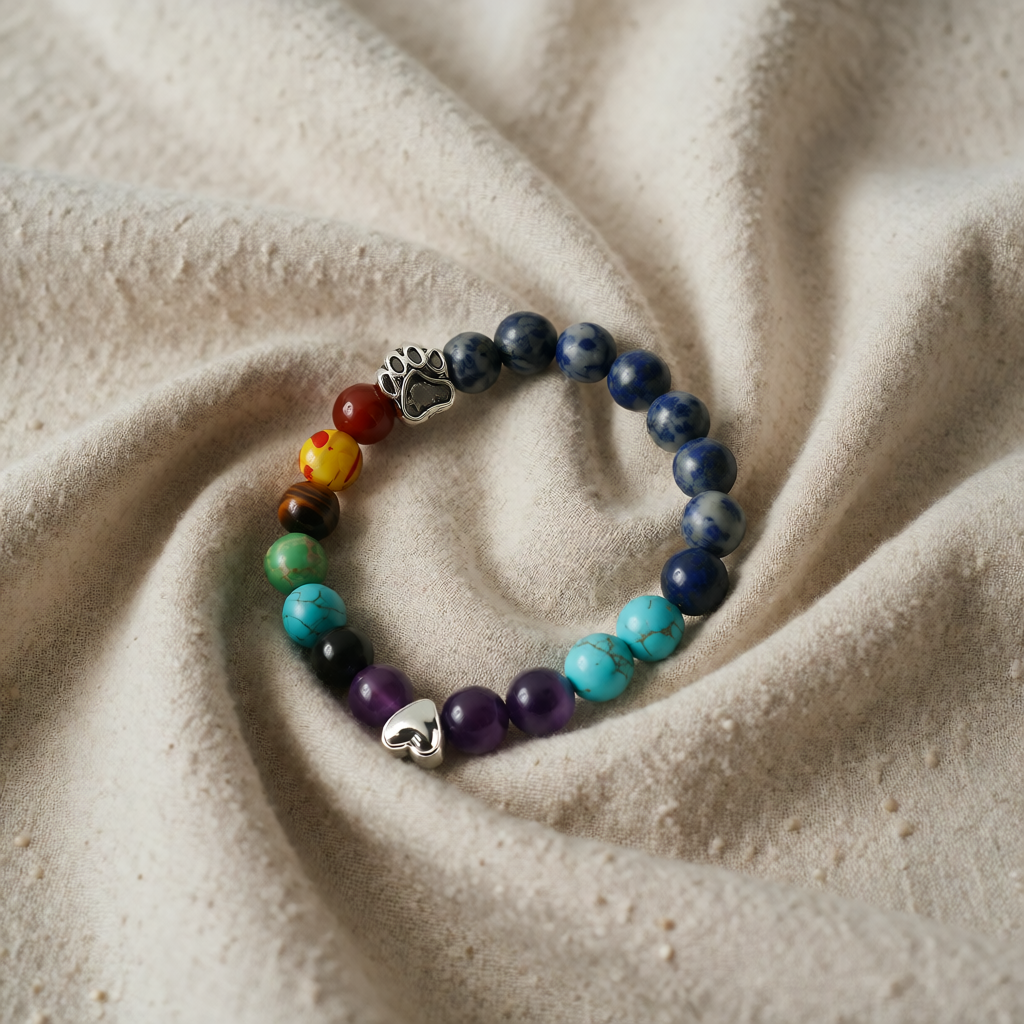 Natural Stone 7 Chakra Beaded Bracelet with Paw Print