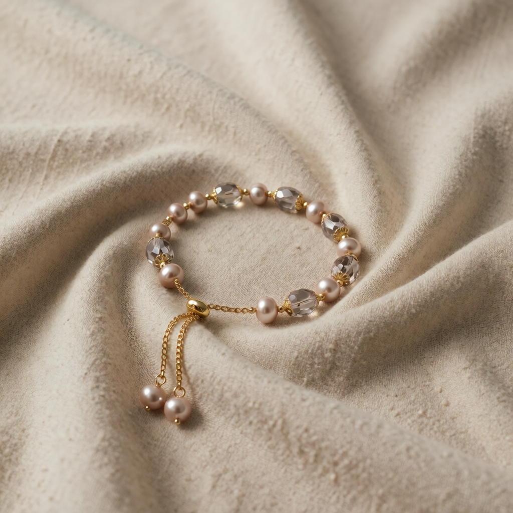 Pink Pearl Beaded Bracelet Aislinn with Crystals
