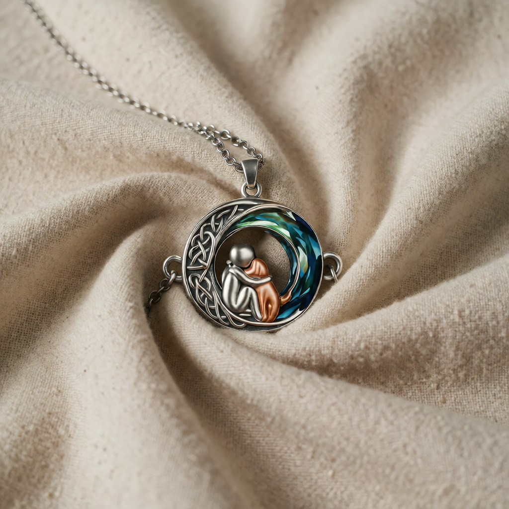 Silver Bracelet with Person Hugging Dog on Celtic Moon