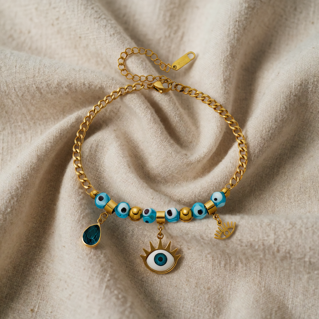Gold Charm Bracelet Fionnuala with Evil Eye