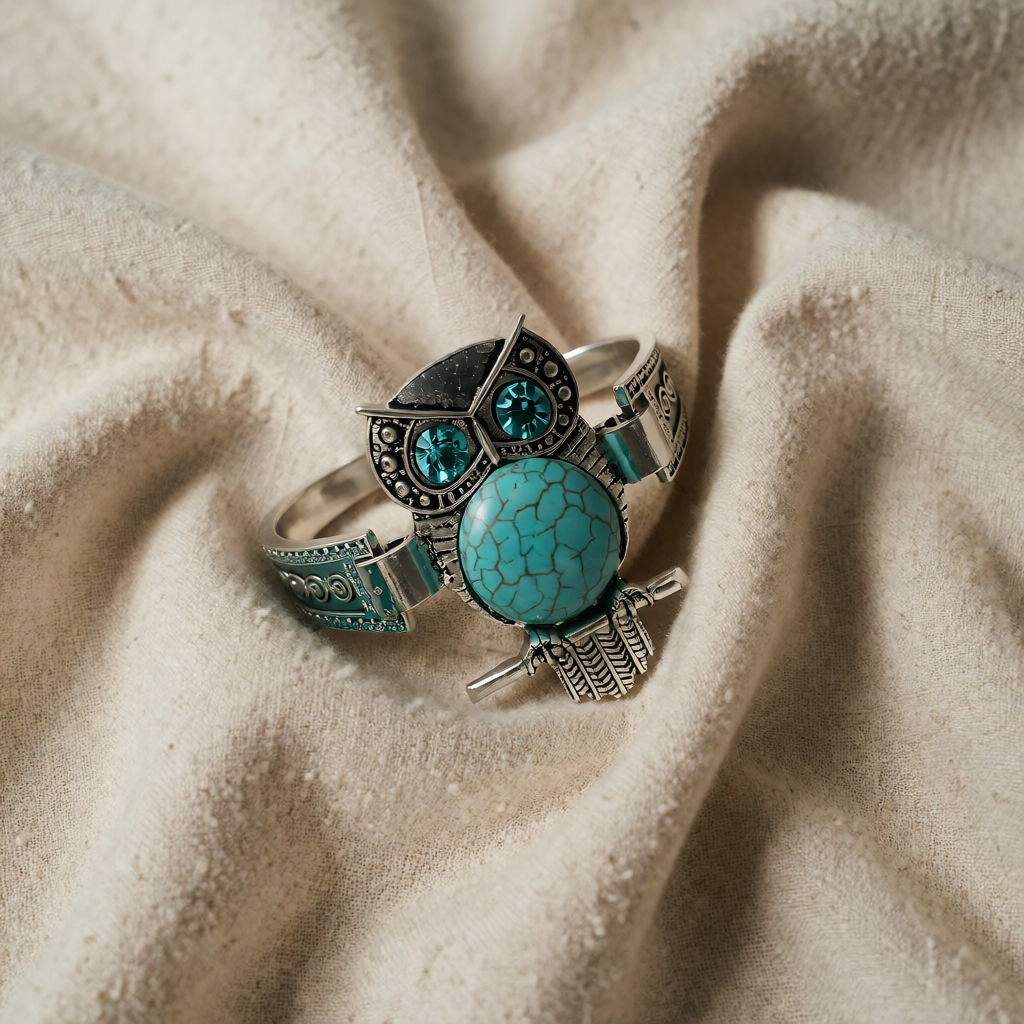 Antique Silver Cuff Bracelet with Owl & Turquoise
