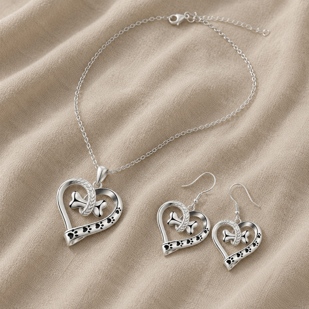 Silver Heart Necklace Set Aoife with Paw and Bone