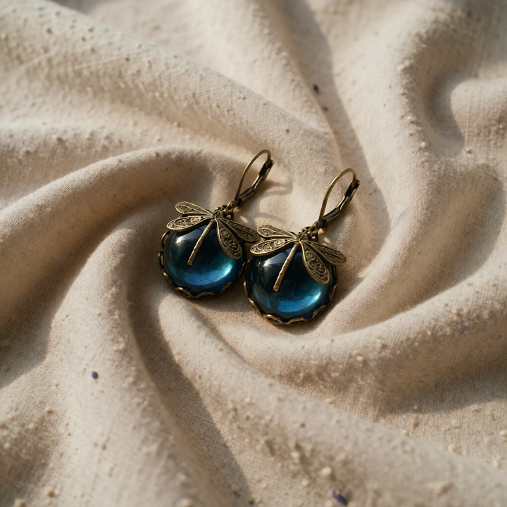 Antique Gold Dragonfly Earrings with Blue Glass