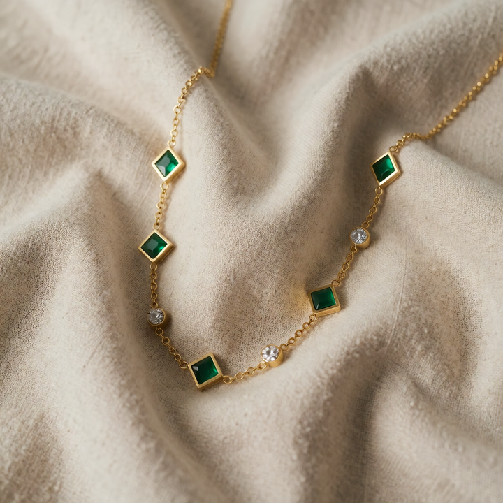 Gold Station Necklace Nuala with Emerald