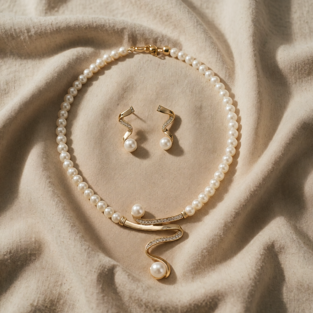 Gold Drop Earrings with Pearl and Serpentine Swirl
