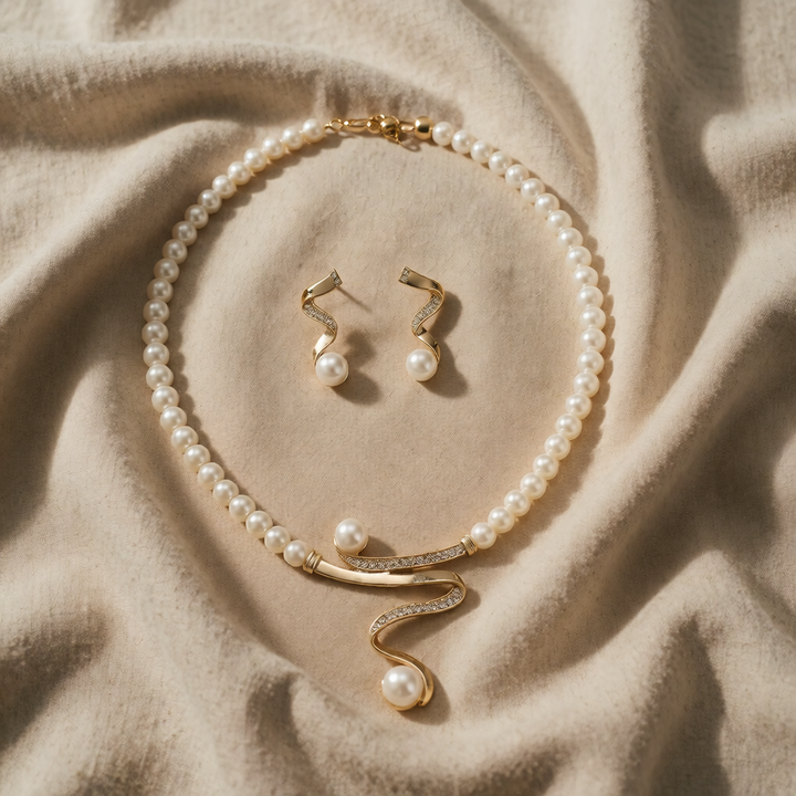 Gold Drop Earrings with Pearl and Serpentine Swirl