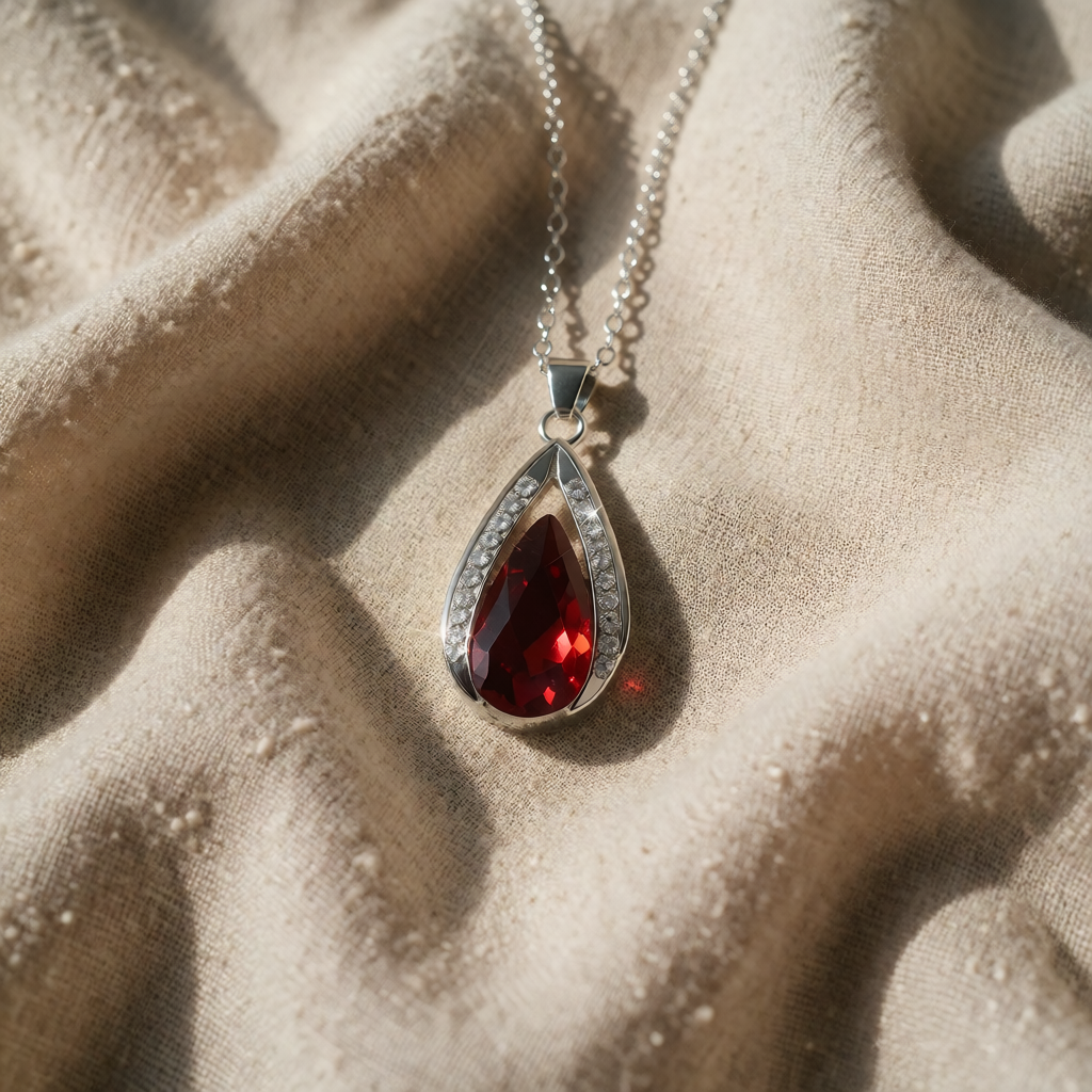 Silver Necklace Aoibh with Red Ruby Teardrop