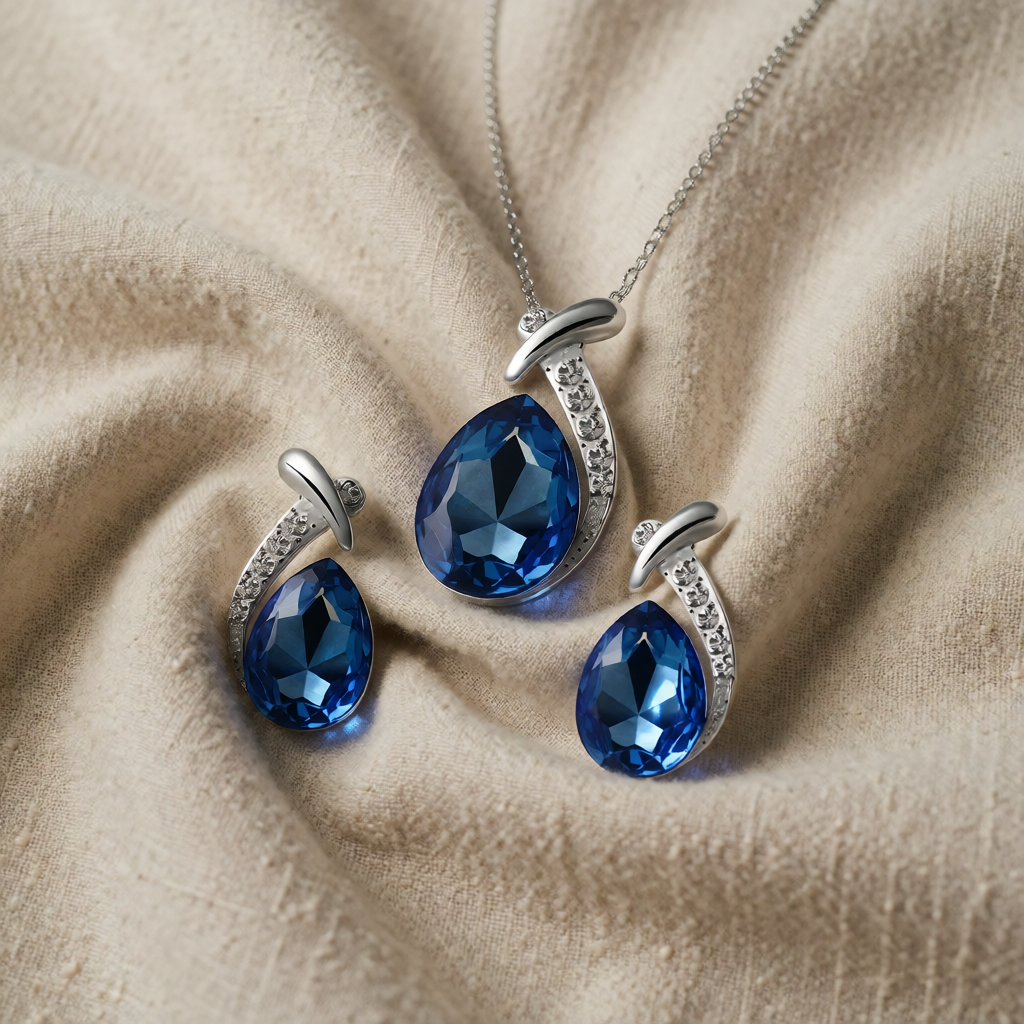Silver Necklace and Earrings Set with Blue Teardrops and Zirconia