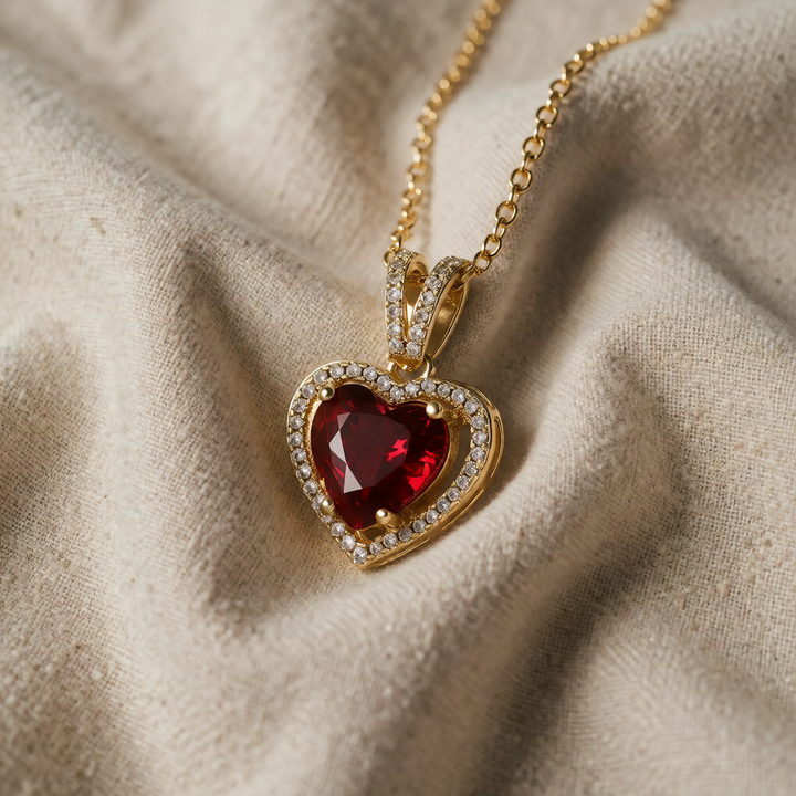 Gold Necklace Róisín with Red Ruby Heart
