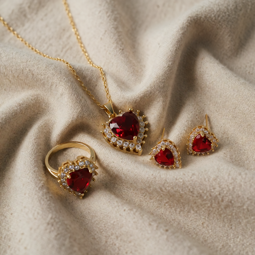 Gold Necklace Set Méabh with Ruby Hearts
