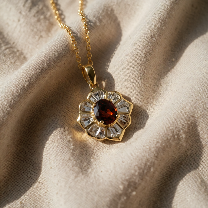 Gold Necklace Sorcha with Ruby Blossom