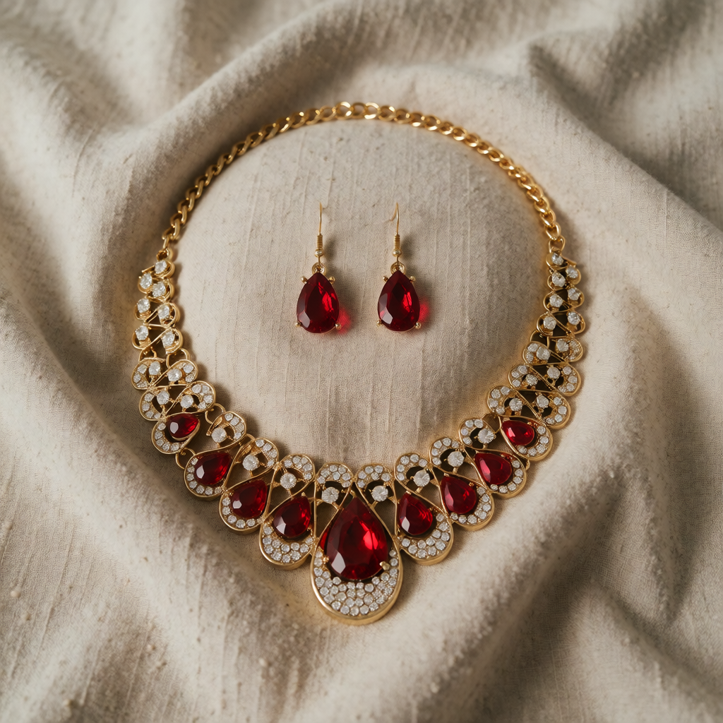 Gold Necklace Set Emer with Red Ruby Teardrops