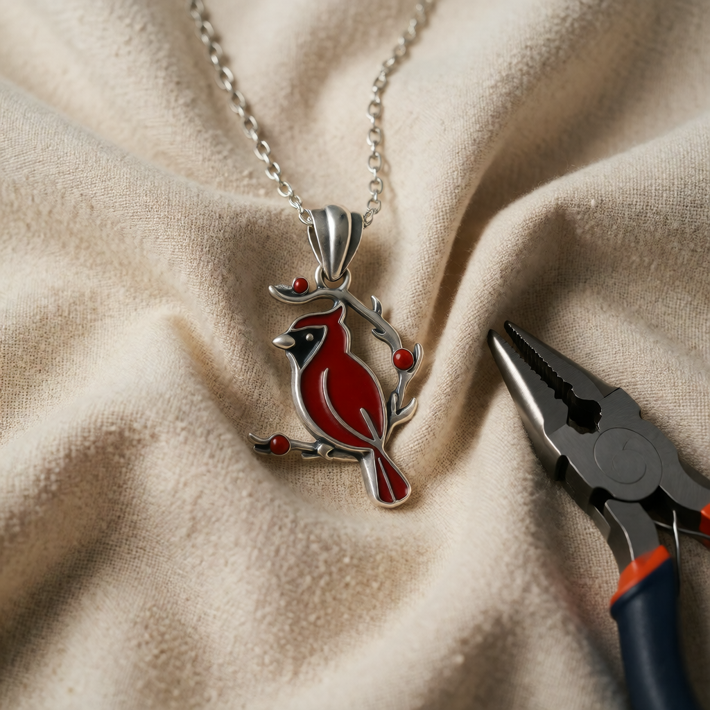 Silver Necklace Saoirse with Red Cardinal