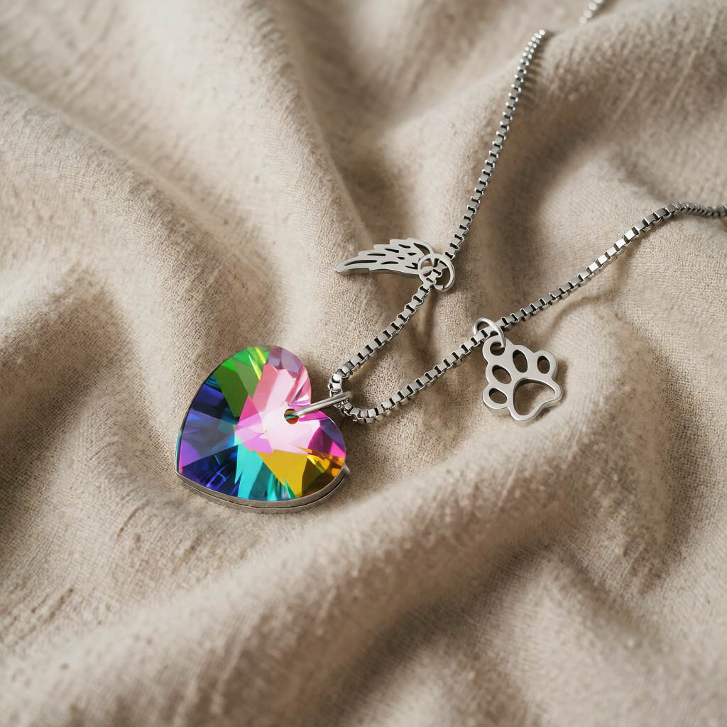 Silver Necklace Kinsale with Rainbow Crystal Heart