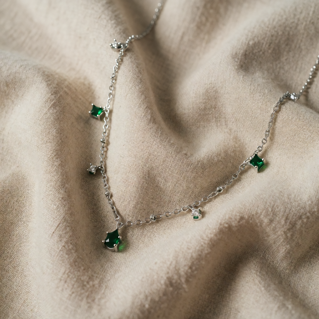 Silver Charm Necklace with Green Emerald Crystals