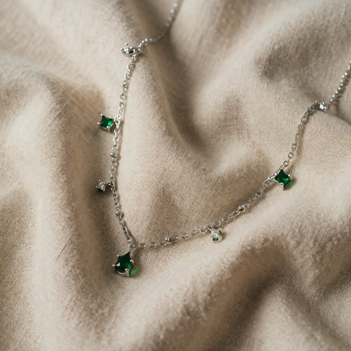 Silver Charm Necklace with Green Emerald Crystals