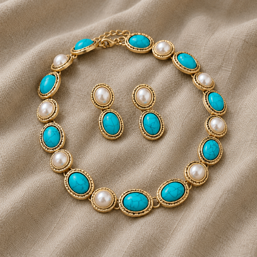 Antique Gold Necklace Set with Turquoise and Pearls